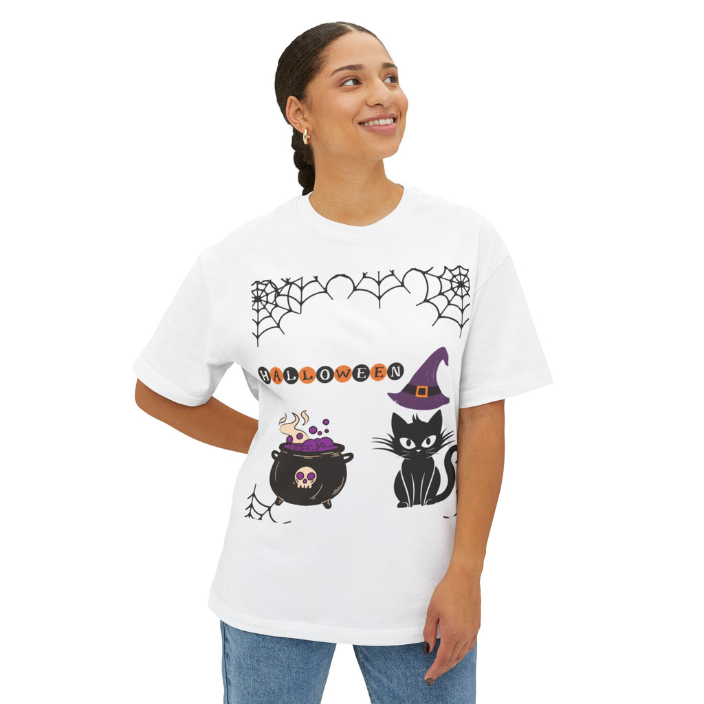 Halloween Cat Oversized Tee for Unisex, Fun Halloween Costume T-Shirt, Witch Cat Graphic Tee, Cozy Fall Apparel, Halloween Party Wear