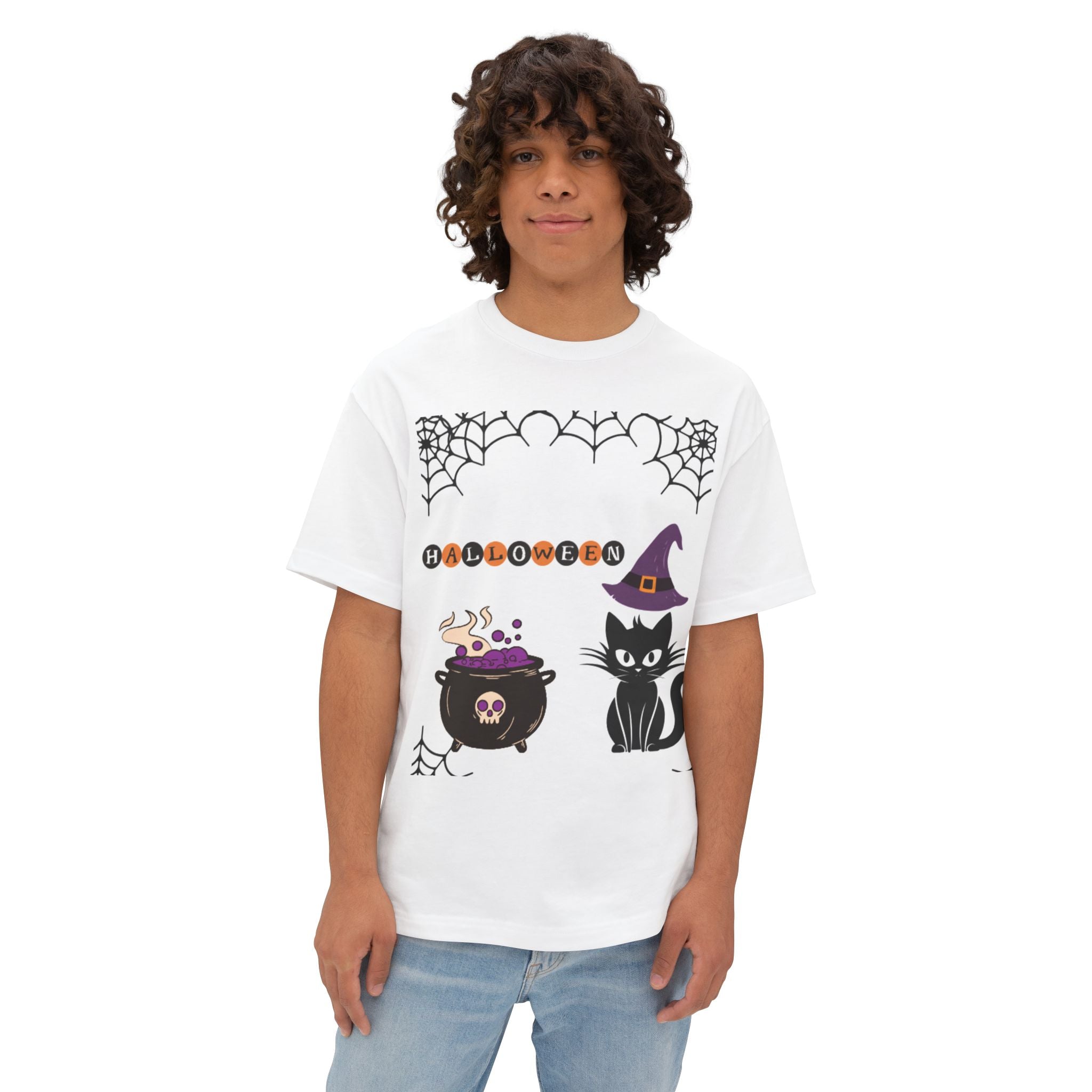 Halloween Cat Oversized Tee for Unisex, Fun Halloween Costume T-Shirt, Witch Cat Graphic Tee, Cozy Fall Apparel, Halloween Party Wear