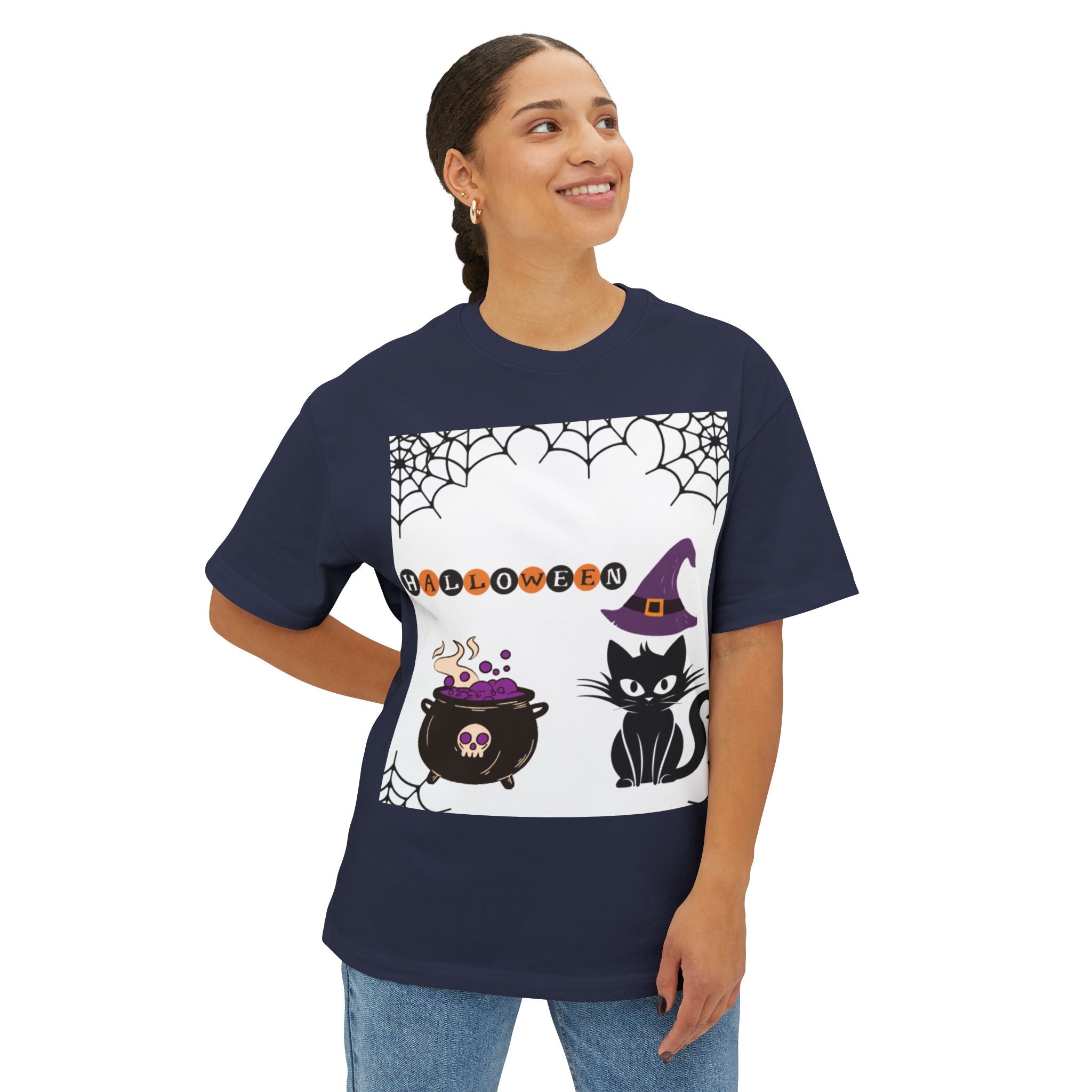 Halloween Cat Oversized Tee for Unisex, Fun Halloween Costume T-Shirt, Witch Cat Graphic Tee, Cozy Fall Apparel, Halloween Party Wear