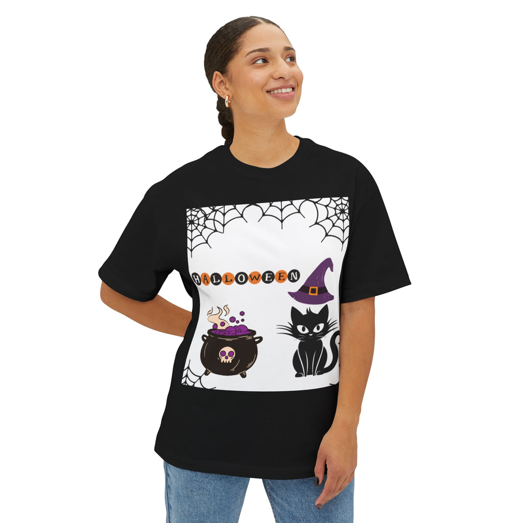Halloween Cat Oversized Tee for Unisex, Fun Halloween Costume T-Shirt, Witch Cat Graphic Tee, Cozy Fall Apparel, Halloween Party Wear